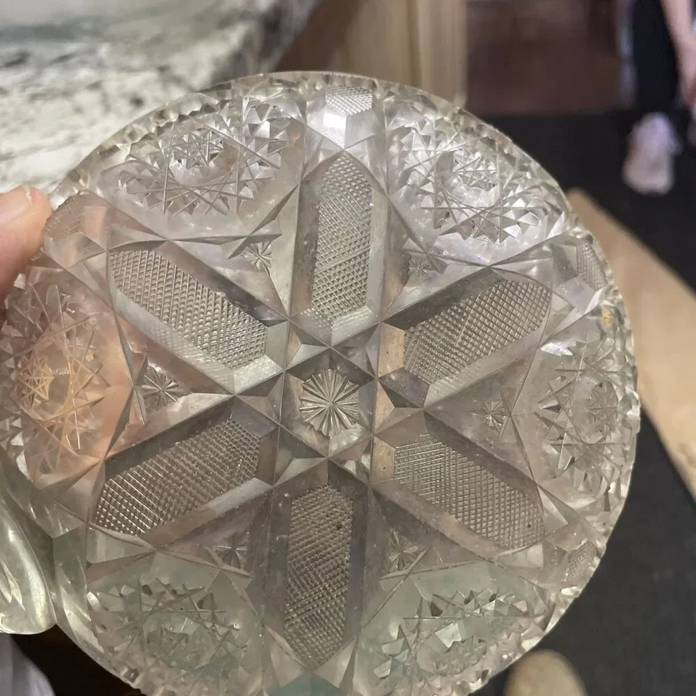 Antique 1890s-1910s Am Brilliant Cut Glass Dish w/ Sawtooth Rim and Loop Handle